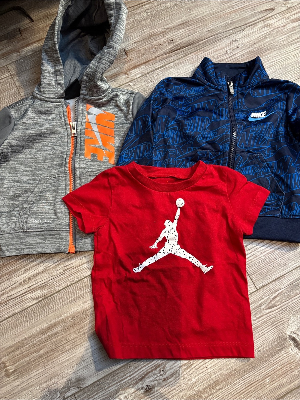 Nike Red Kids Tee with White Jumpman Logo, track jacket and full zip sweatshirt
